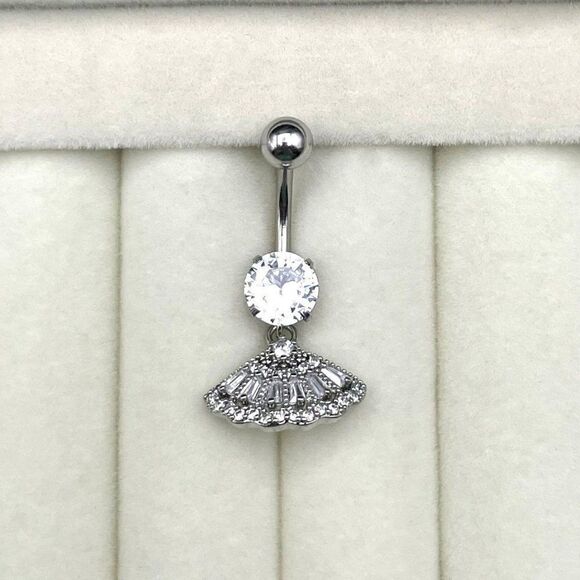 316L Stainless Steel with White Diamond Cubic Zirconia Dangling Fan Belly Ring - Picture 2 of 7